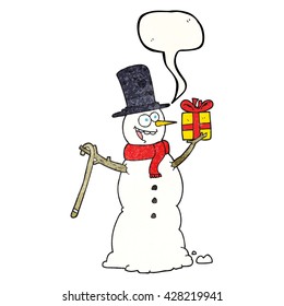 freehand speech bubble textured cartoon snowman holding present