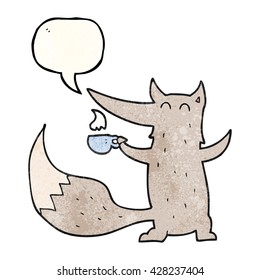 freehand speech bubble textured cartoon wolf with coffee cup