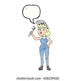 freehand speech bubble textured cartoon capable woman with wrench