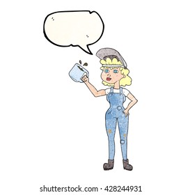 freehand speech bubble textured cartoon woman in dungarees