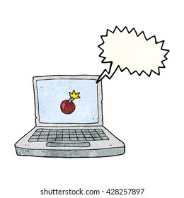 freehand speech bubble textured cartoon laptop computer with bomb symbol