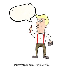 freehand speech bubble textured cartoon man with notebook and pen
