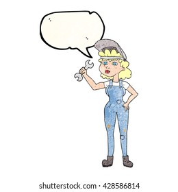 freehand speech bubble textured cartoon woman with spanner