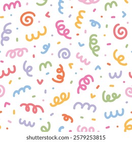 Freehand squiggle swirls, lines and dots seamless pattern for birthday prints, gift wrapping paper, packaging, backgrounds, textile, stationery, scrapbooking, etc. EPS 10