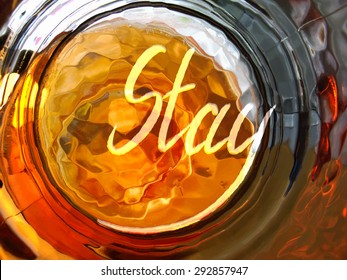 Freehand Stay message greeting card. Flame letters. CD cover design. Blurred summer sunset vector background illustration.
