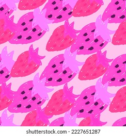 Freehand strawberries seamless pattern . Doodle strawberry endless wallpaper. Hand drawn fruits backdrop. Design for fabric, textile print, wrapping paper, kitchen textiles, cover. Vector illustration