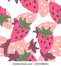 Freehand strawberries seamless pattern . Doodle strawberry endless wallpaper. Hand drawn fruits backdrop. Design for fabric, textile print, wrapping paper, kitchen textiles, cover. Vector illustration