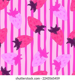 Fresas a mano libre sin soldadura patrón. Papel de fresa Doodle interminable. El telón de fondo de los dibujos a mano. Diseño para tela, imprenta textil, papel envolvente, productos textiles de cocina, cubierta. Ilustración del vector