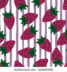 Freehand strawberries seamless pattern . Doodle strawberry endless wallpaper. Hand drawn fruits backdrop. Design for fabric, textile print, wrapping paper, kitchen textiles, cover. Vector illustration