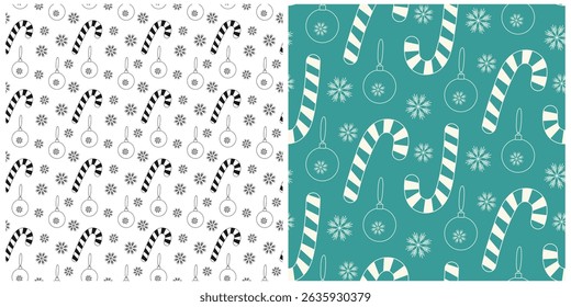Freehand Listrado doces bengala brinquedos de Natal e flocos de neve tinta e efeito Giz Conjunto de padrões sem costura