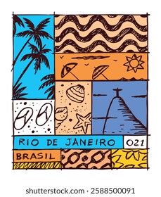 Freehand and stylized drawing of landmarks in the city of Rio de Janeiro, Brazil. Hand-drawn art in artistic lines.