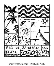 Freehand and stylized drawing of landmarks in the city of Rio de Janeiro, Brazil. Hand-drawn art in artistic lines.