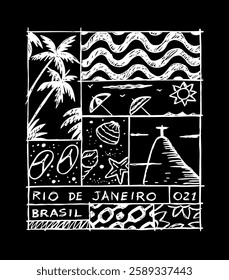 Freehand and stylized drawing of landmarks in the city of Rio de Janeiro, Brazil. Hand-drawn art in artistic lines.