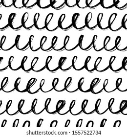 Freehand swirled line seamless pattern. Hand drawn doodle line ornament. Black and white texture for wrapping paper design. Grunge curly horizontal stripes. Wrapping paper, wallpaper vector fill