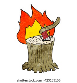 freehand textured cartoon axe in a flaming tree stump