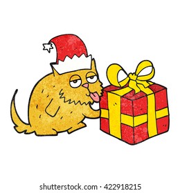 freehand textured cartoon cat with present