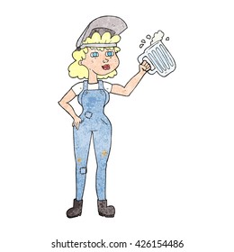 freehand textured cartoon hard working woman with beer 