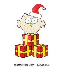 freehand textured cartoon little owl wearing christmas hat