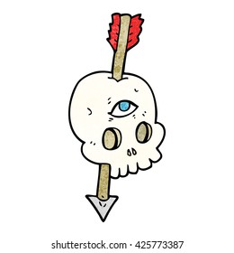 freehand textured cartoon magic skull with arrow through brain