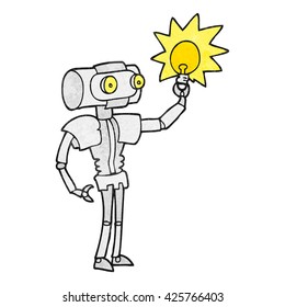 freehand textured cartoon robot with light bulb