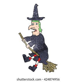 freehand textured cartoon witch flying on broom