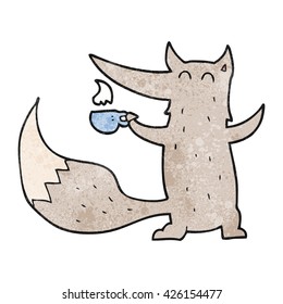 freehand textured cartoon wolf with coffee cup