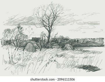 Freehand textured pencil drawing of countryside landscape with silhouettes trees and haystacks in farm field