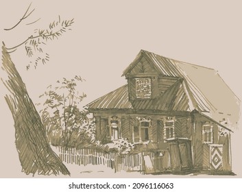 Freehand textured pencil drawing of  silhouettes treee trunk and old wooden village house with fence