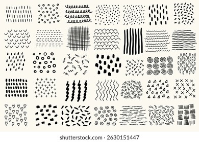 Freihand Texturen für Gewebe, Polygraphie, Web-Design. Handgezeichnete Vektordesign-Elemente. Einzeln schwarz auf weiß