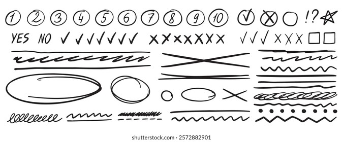 freehand underline doodle set. shapes and stripes numbers, emphasis hand drawn doodle marker arrows. Chalk painted scrawl frames doodle rouge scratches. . Vector illustration