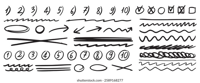 freehand underline doodle set. shapes and stripes numbers, emphasis hand drawn doodle marker arrows. Chalk painted scrawl frames doodle rouge scratches. . Vector illustration