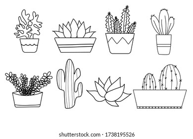 Freehand vector drawing cute cactus in pots,Vector illustration. Doodles. 