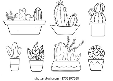 Freehand vector drawing cute cactus in pots,Vector illustration. doodles.