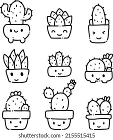 Dibujo vectorial de mano libre cactus lindo en ollas,Ilustración vectorial