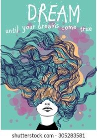 Freehand vector drawing - dreaming girl with decorative hair