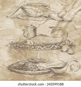 freehand vector drawing of food