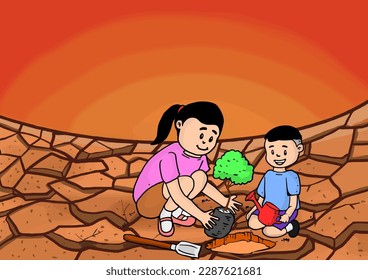 Freehand vector file illustration depicting planting trees to reduce global warming.
