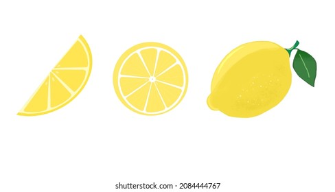 Ilustración vectorial de mano libre de tres formas de limón sobre un fondo blanco. Lemones aislados. Ilustración de todo un limón con hojas verdes, mitad de limón y cuarto. 