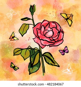 Freehand vector post card with watercolor drawing of rose branch with pink flower, bud, and green leaves, splashes of paint, butterflies, on the background of golden yellow skeleton leaves