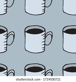 freehand vector seamless pattern, coffee or tea mug on gray-blue background