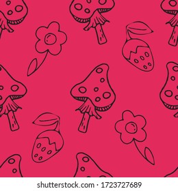 freehand vector seamless pattern, fly agaric, wild strawberry, flower on a bright pink background