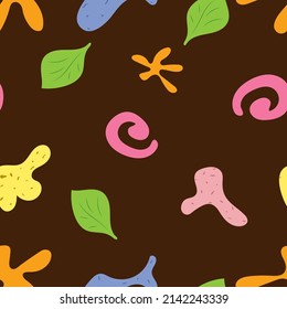 Freehand vector, Seamless pattern on brown background. It consists of green leaves. and things that cannot be identifiable are pink, yellow, orange.