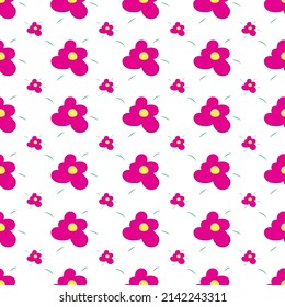 Freehand vector, Seamless pattern of Pink flowers with yellow stamens. There are small green leaves scattered around the flowers. Freehand flower on white background.