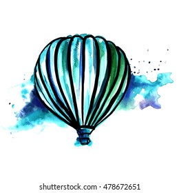 A freehand vector and watercolor, abstract retro style drawing of hot air balloon in a blue sky, on white background