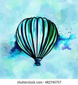A freehand vector and watercolor, abstract retro style drawing of a hot air balloon in a blue sky, on a teal blue background with copyspace