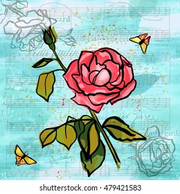 A freehand vector and watercolor drawing of a blooming rose with buds and leaves, on a teal blue background, with butterflies, on faded old letters and sheet music; scalable greeting card design