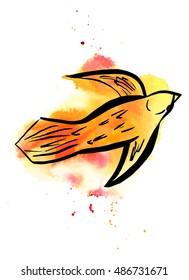 A freehand vector and watercolor drawing of a golden bird in flight, with splashes of paint, on white background