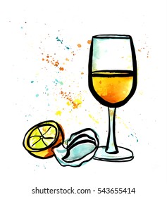 A freehand vector and watercolour drawing of a glass of white wine with an oyster and  lemon