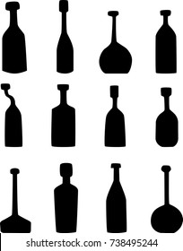 Freehand vintage glass bottles and  old unique potion vials black silhouette illustration, twisted apothecary & round medicine container doodles, Long neck whiskey alcohol, wine & champagne sketch
