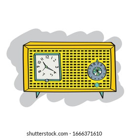 Freehand vintage radios colored illustration. Retro alarm clock clip art. Old style radio vector graphics. Audio sound technology drawing. Portable music media player. Yellow and blue color.